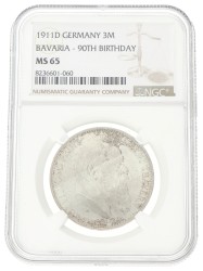 German states. Bavaria. Luitpold. 3 Mark - 90th birthday. 1911 D. MS 65