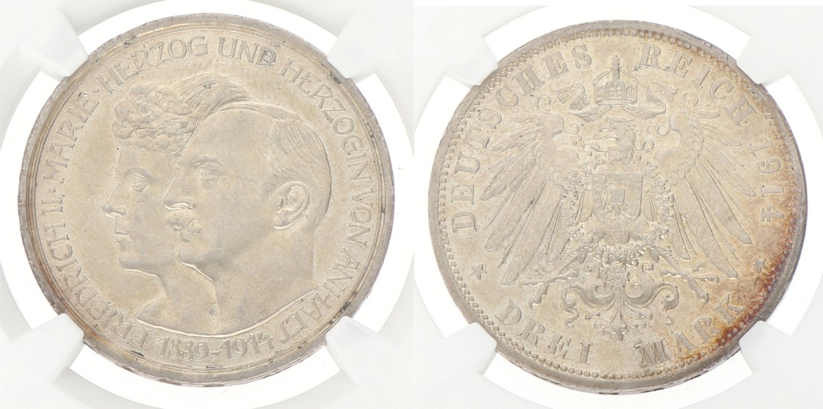 German states. Anhalt-Dessau. Friedrich II. 3 Mark - on the silver mariage. 1914 A. MS 62