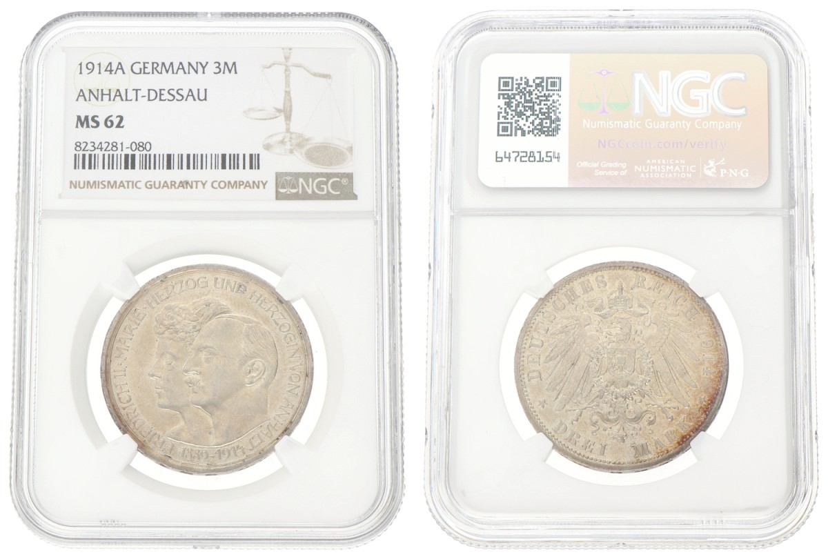 German states. Anhalt-Dessau. Friedrich II. 3 Mark - on the silver mariage. 1914 A. MS 62