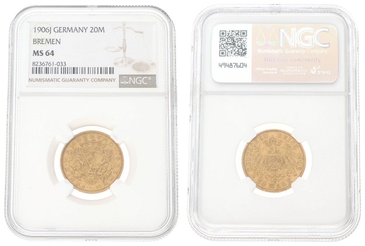 Goudwisselkantoor auction: German states. Bremen. 20 Mark. 1906 J. MS 64