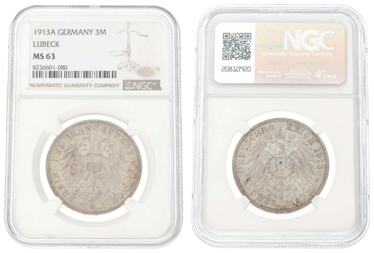 German states. Lübeck. 3 Mark. 1913 A. MS 63