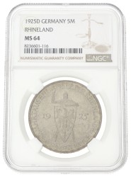 Germany. Weimar republic. 5 Mark - Rhineland. 1925 D. MS 64