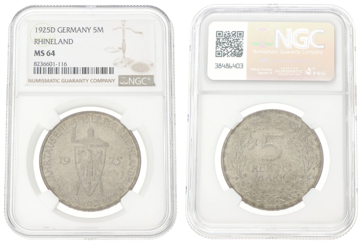 Germany. Weimar republic. 5 Mark - Rhineland. 1925 D. MS 64