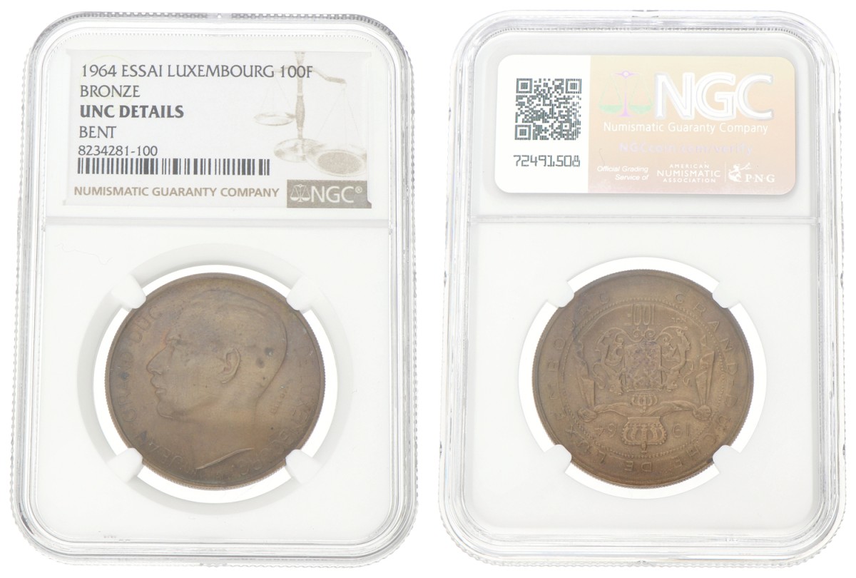 Luxembourg. Jean. 100 Francs - Bronze essai. 1964. UNC details.