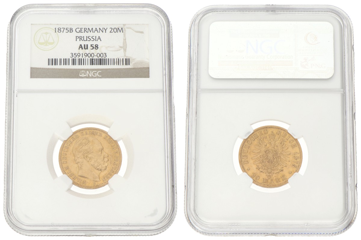 German states. Prussia. Wilhelm I. 20 Mark. 1875B. AU 58