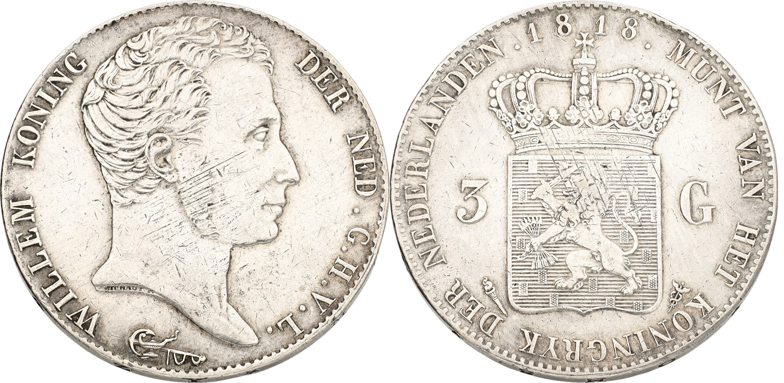 3 Gulden. Willem I. 1818. F / VF.