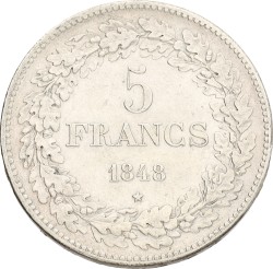Belgium. Leopold I. 5 Francs. 1848. XF