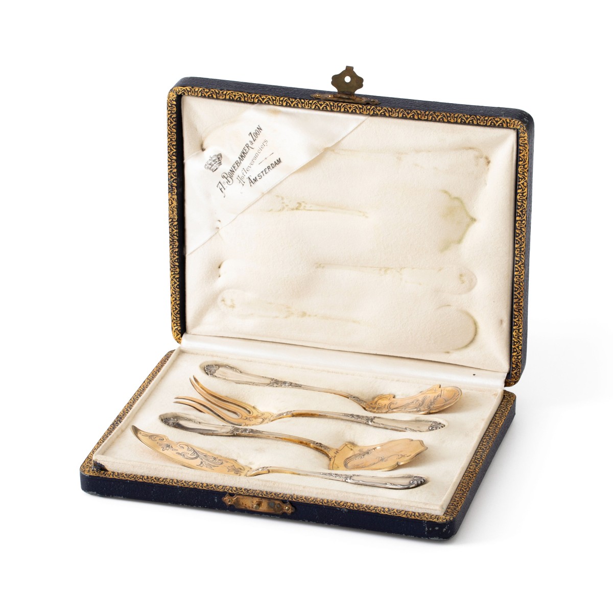 Art Nouveau hors d`oeuvre set (4), Wolfers frères voor A. Bonebakker & Zoon, Brussel / Amsterdam ca. 1900, zilver