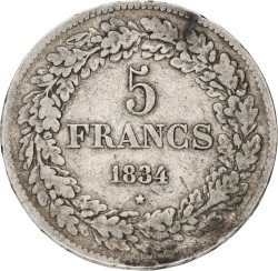 Belgium. Leopold I. 5 Francs. 1834. Position B. VF