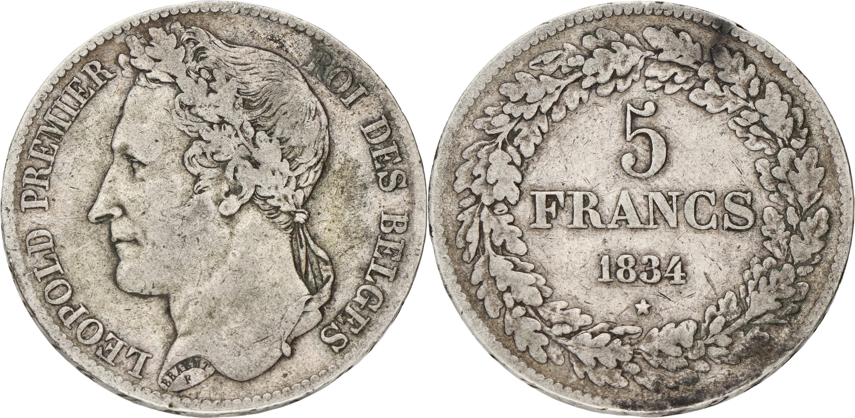 Belgium. Leopold I. 5 Francs. 1834. Position B. VF