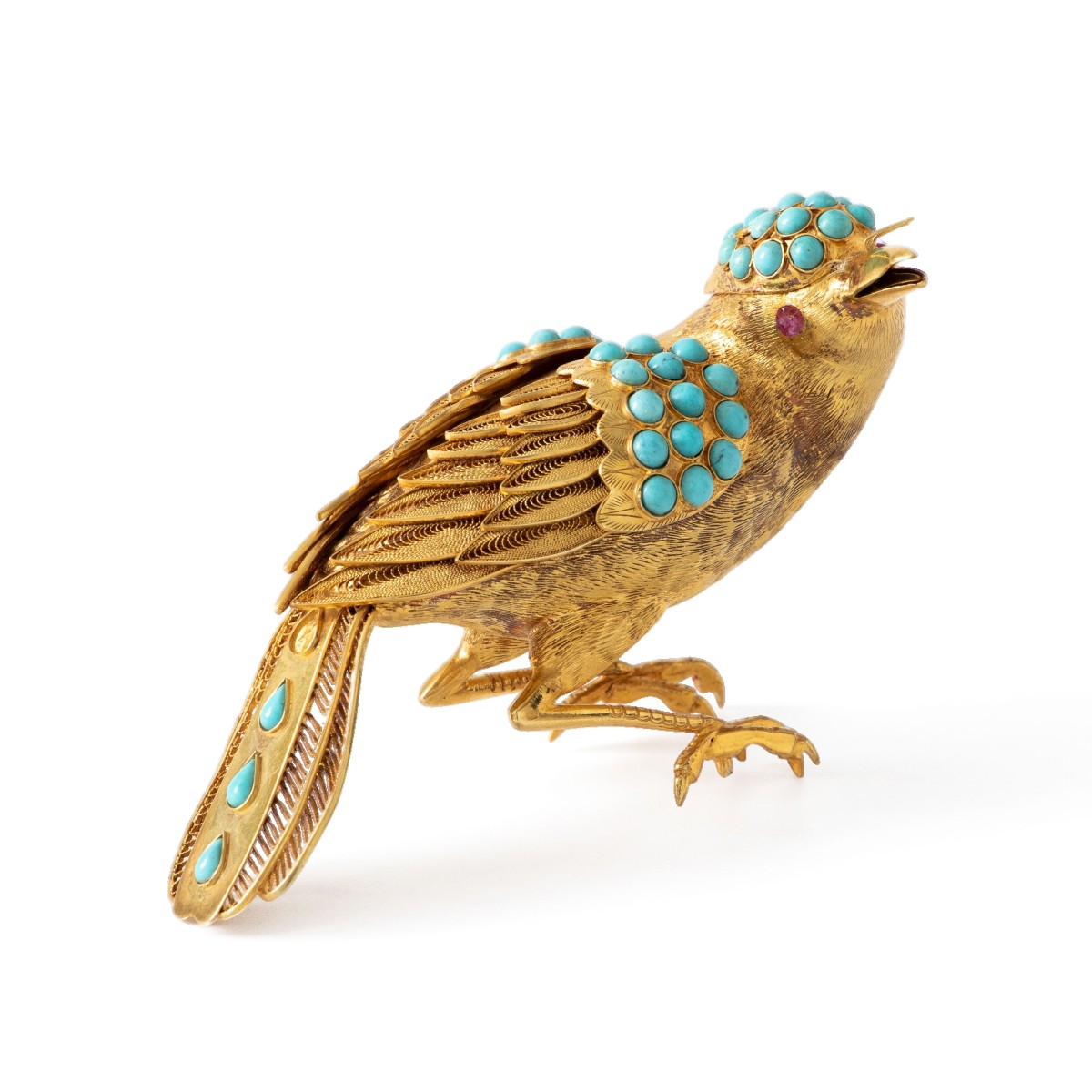 Miniatuur vogel goud met turkoois en robijn