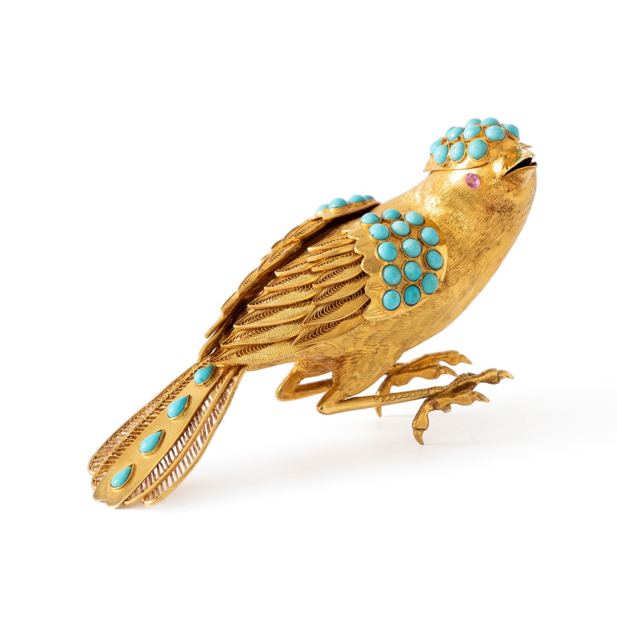 Miniatuur vogel goud met turkoois en robijn