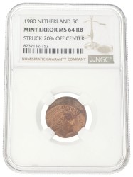 5 Cent. Juliana. mint error-struck 20% off center. 1980. MS 64 Rb.