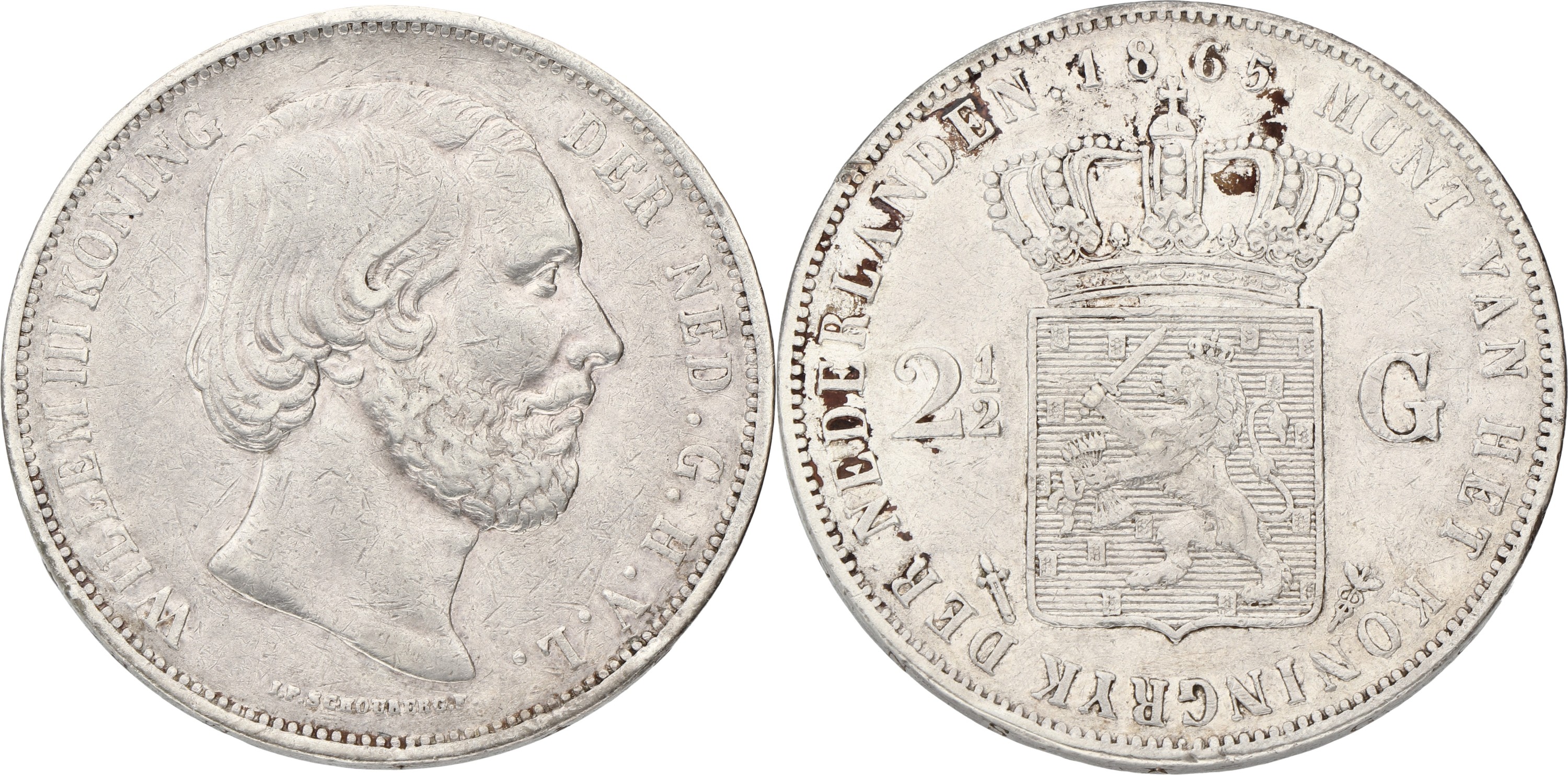 2½ Gulden. Willem III. 1865. Without dot. VF -.