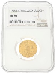 Gouden dukaat. Wilhelmina. 1908. MS 61.