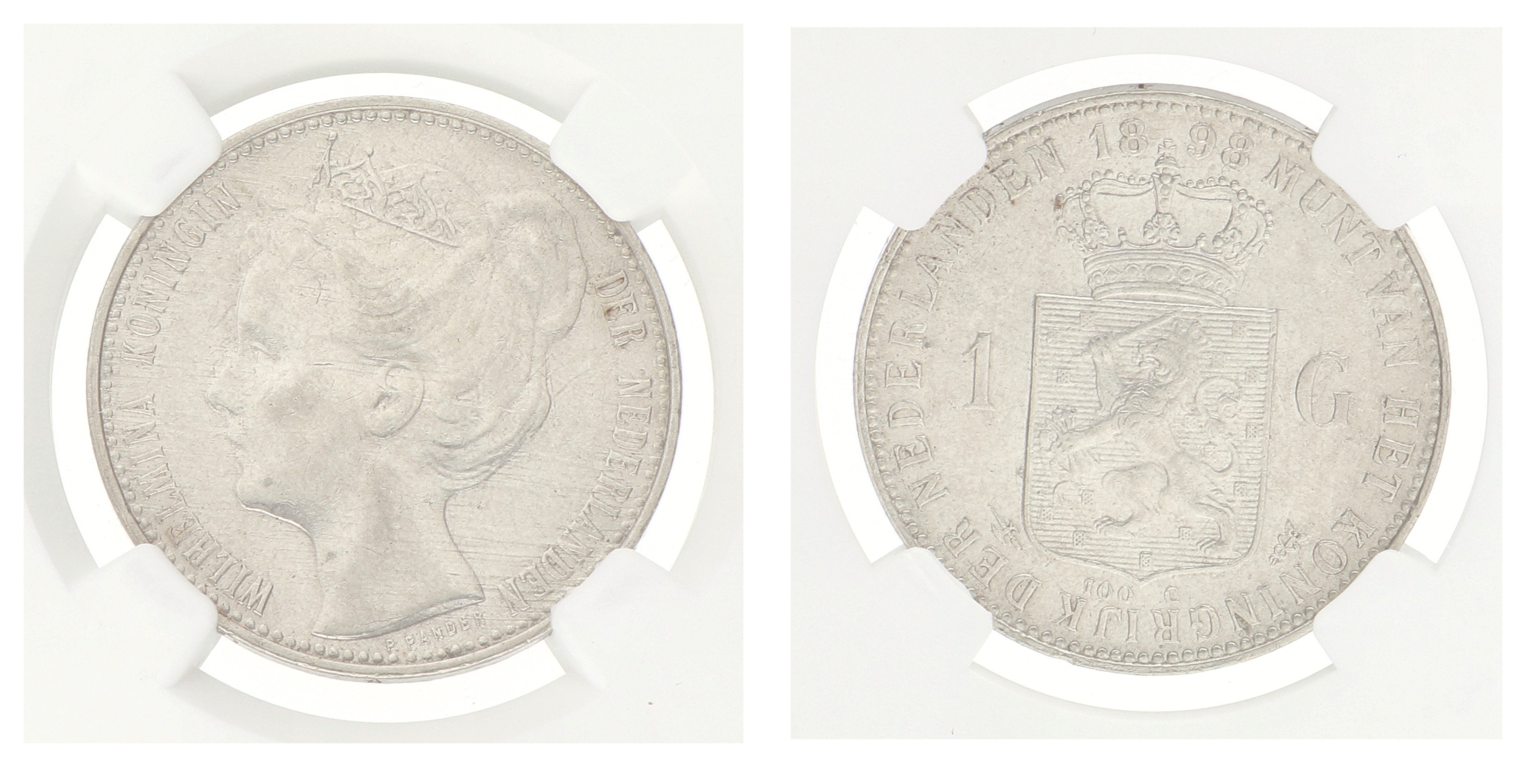 1 Gulden. Wilhelmina. 1898. AU 58.
