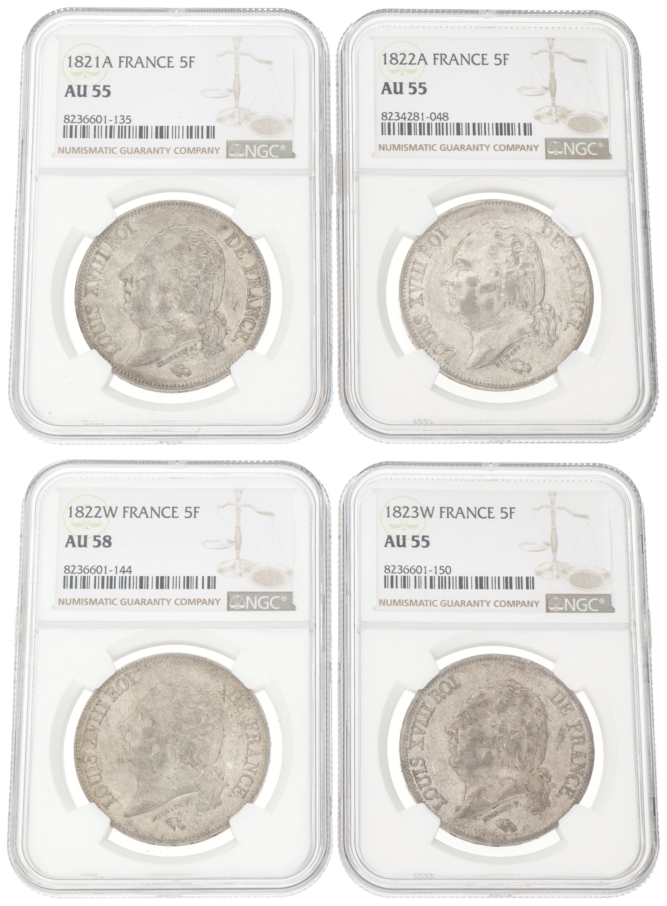 France. Louis XVIII. Lot (4) 5 Francs. 1821 - 1823. Average AUnc