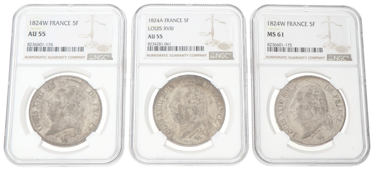 France. Louis XVIII. Lot (3) 5 Francs. 1824 A & W. Average AUnc