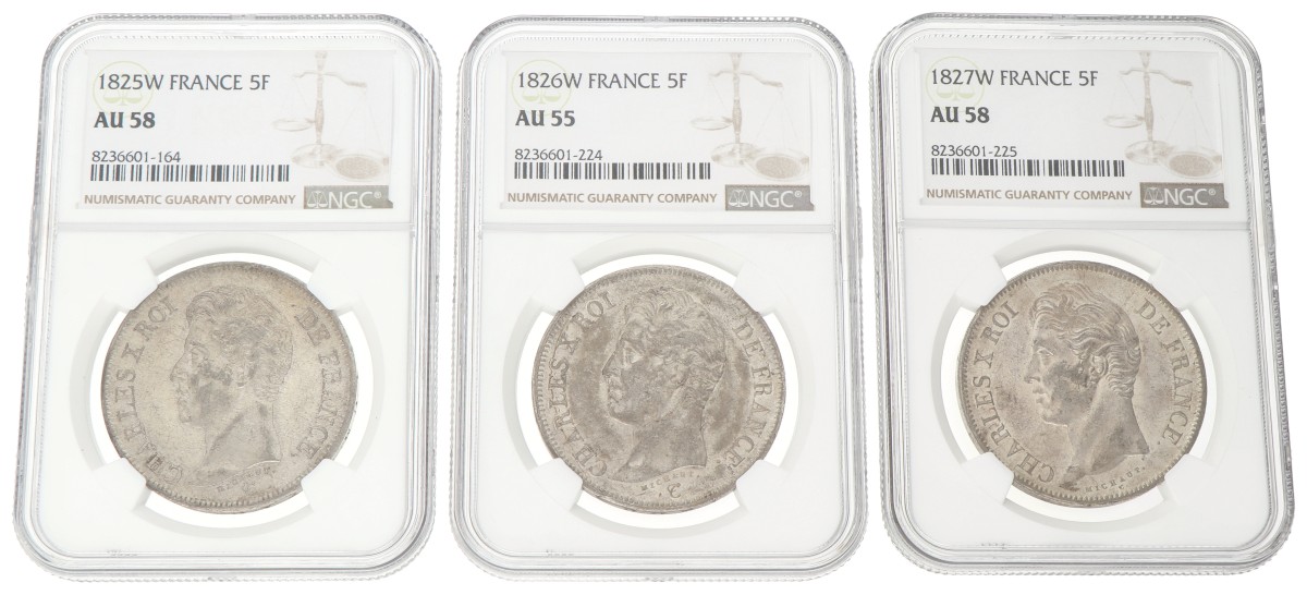 France. Charles X. Lot (3) 5 Francs. 1825 - 1827 W. Average AUnc