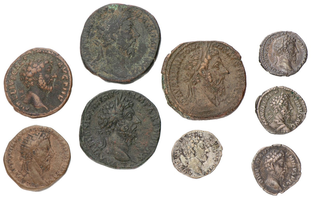 Roman Empire. Marcus Aurelius. Set of Denarius (4), Sestertius (3) & Dupondius (2). ND (161 - 180 AD). F / VF