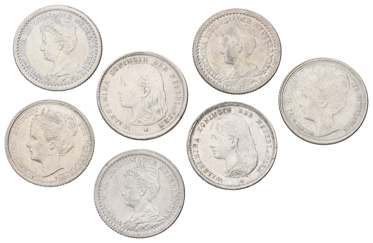 Lot (7) 10 Cent. Wilhelmina. 19th & 20th Century. Average AUnc.