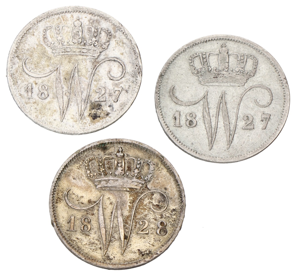 Lot (3) 10 Cent. Willem I. 1827 - 1828. Average VF