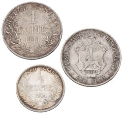German East Africa. German colony. Wilhelm II. Lot (3) 1 & ½ Rupie. 1902, 1904 & 1911. Average VF