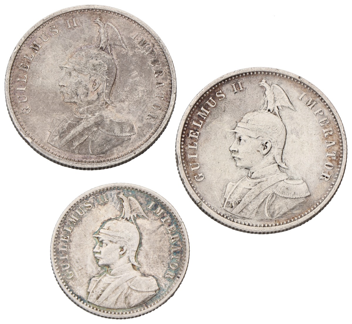 German East Africa. German colony. Wilhelm II. Lot (3) 1 & ½ Rupie. 1902, 1904 & 1911. Average VF