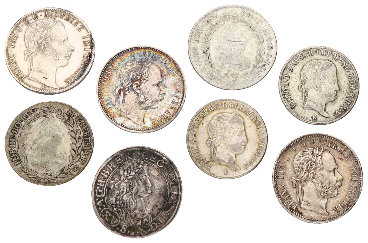 Austrian Empire. Leopold II, Maria Theresia & Francis Joseph I. Lot (8) 15, 20 Kreuzer & 1 Florin. 1663 - 1882