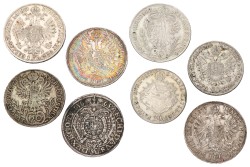 Austrian Empire. Leopold II, Maria Theresia & Francis Joseph I. Lot (8) 15, 20 Kreuzer & 1 Florin. 1663 - 1882