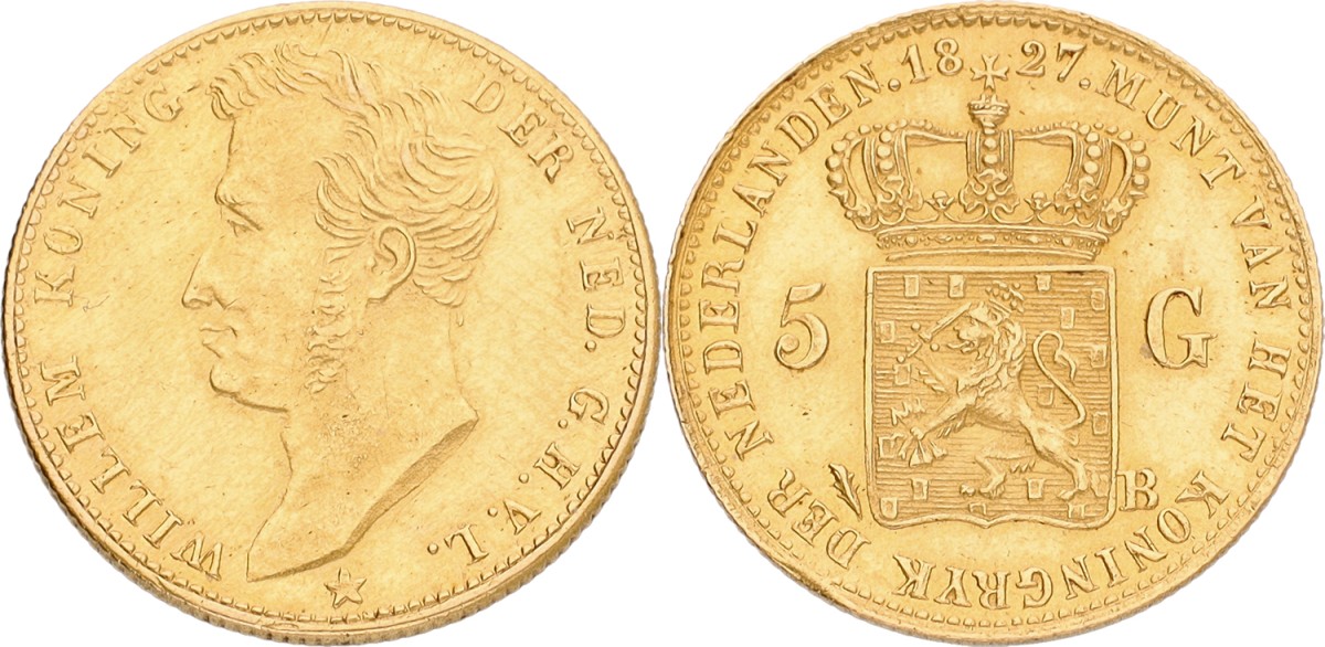 5 Gulden. Willem I. 1827 Closed B. XF +