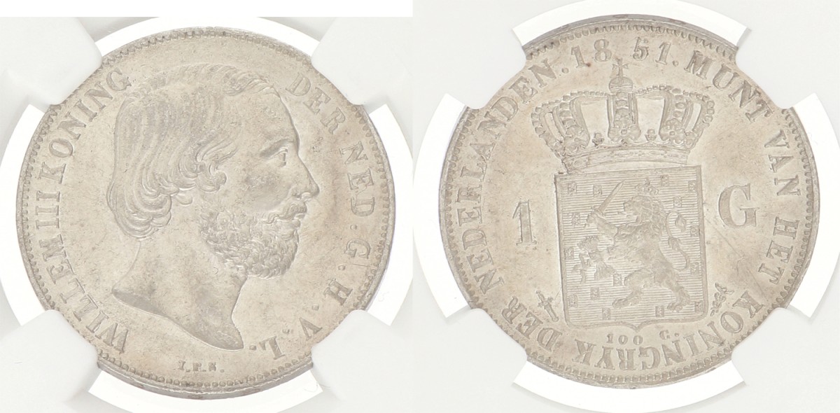 1 Gulden. Willem III. 1851. AU 55