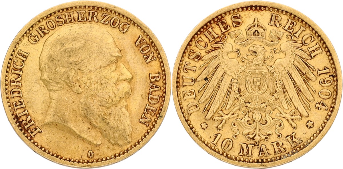 German states. Baden. Friedrich. 10 Mark. 1904 G. VF
