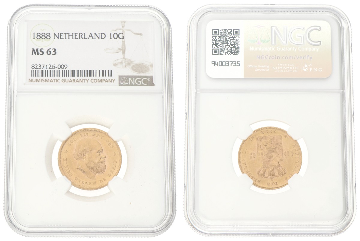 Goudwisselkantoor auction: 10 Gulden. Willem III. 1888. MS 63.