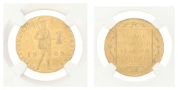 Gouden dukaat. Wilhelmina. 1908. MS 61.