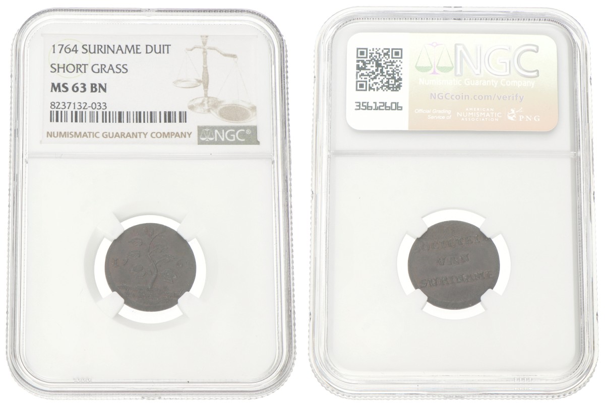 Suriname. 1 Duit - Short grass. 1764. MS 63 BN.