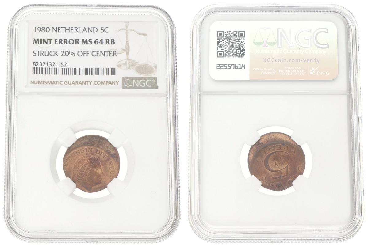 5 Cent. Juliana. mint error-struck 20% off center. 1980. MS 64 Rb.