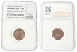 5 Cent. Juliana. mint error-struck 20% off center. 1980. MS 64 Rb.