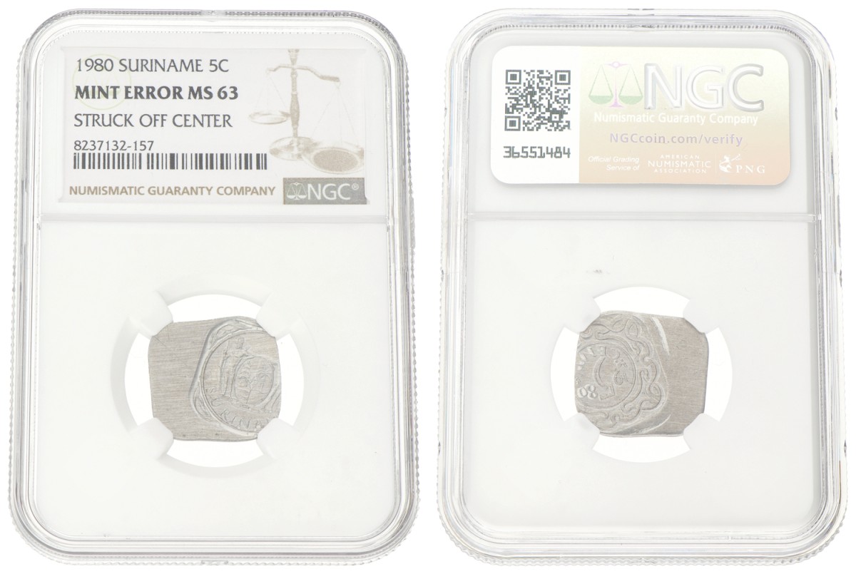 Suriname. 5 Cent. Struck off Center. 1980. MS 63.