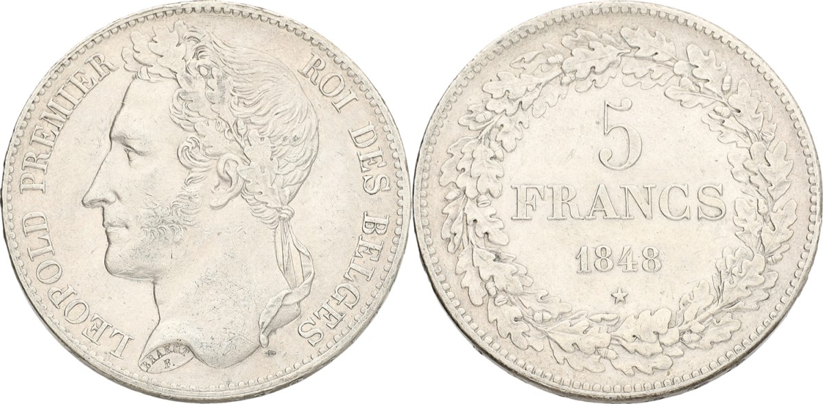 Belgium. Leopold I. 5 Francs. 1848. XF