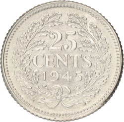 25 Cent. Wilhelmina. 1945 P. XF.