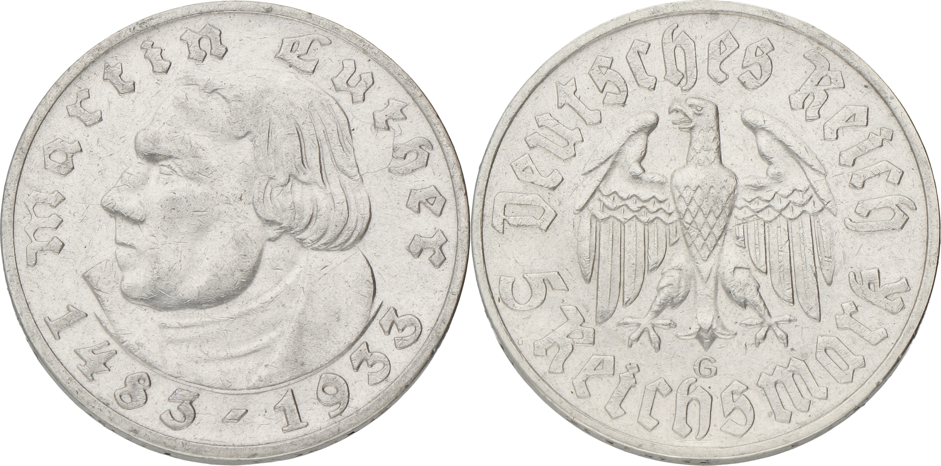 Germany. Third reich. 5 Mark - Martin Luther. 1933. VF +