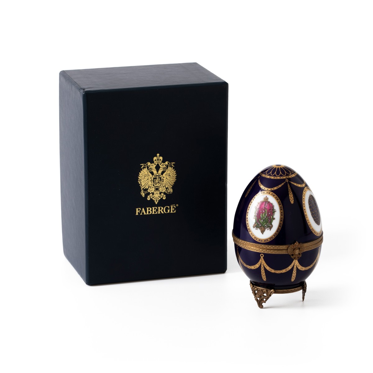 Fabergé "Musical swan Imperial Egg" muziekdoos, Limoges porselein / brons / zilver