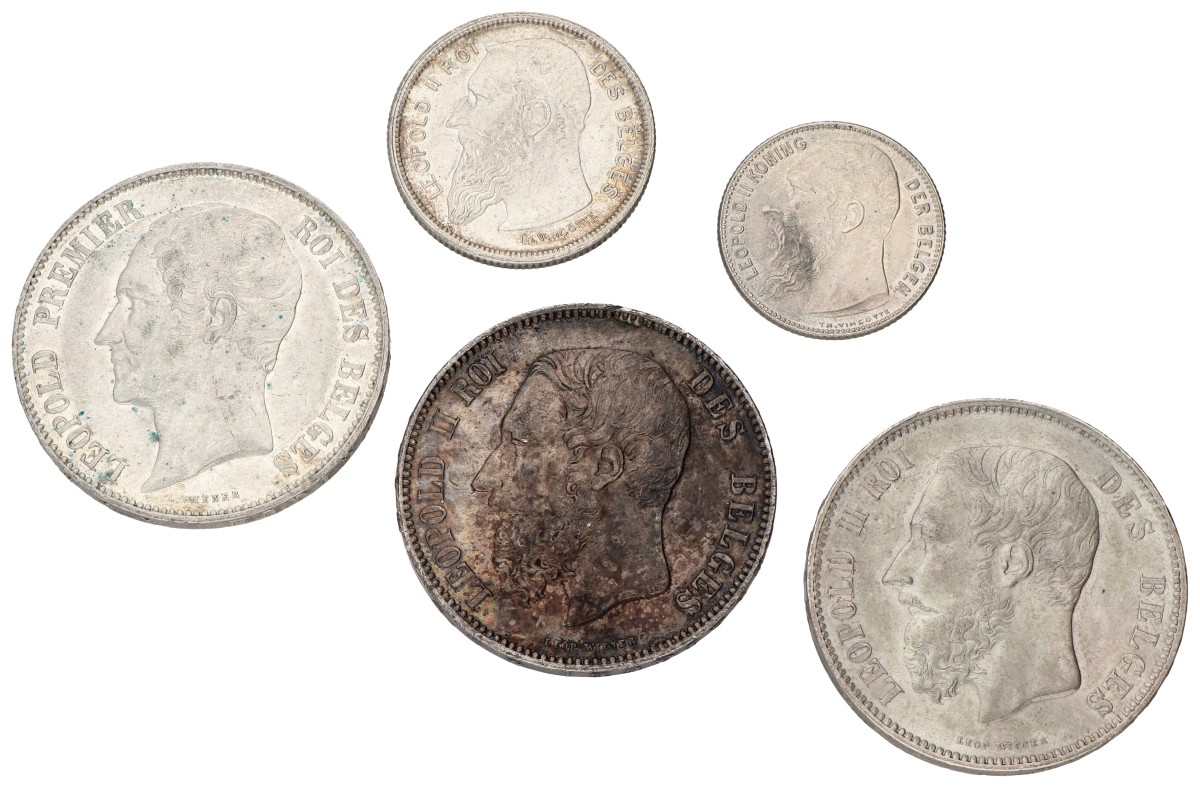 Belgium. Leopold I&II. Lot (5) 1 & 2 & 5 Francs. 19th & 20th Century. Average XF.