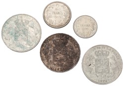 Belgium. Leopold I&II. Lot (5) 1 & 2 & 5 Francs. 19th & 20th Century. Average XF.