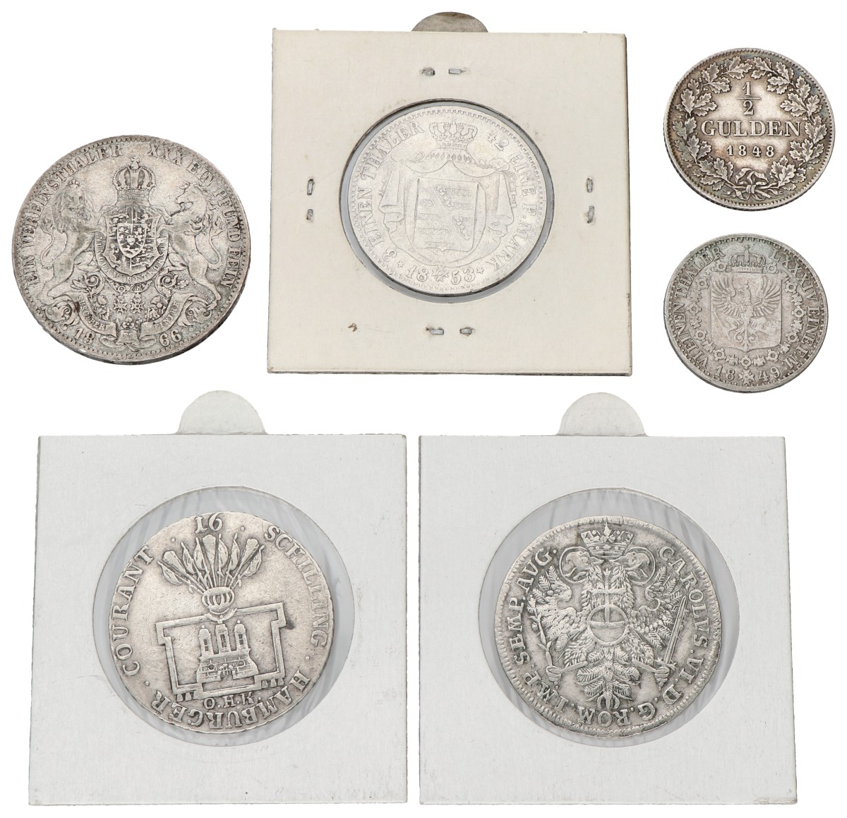German states. Lot (6) 1/2 Gulden, 1/6 Thaler, 8 Schilling, Thaler. 1727 - 1866. Average VF