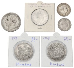 German states. Lot (6) 1/2 Gulden, 1/6 Thaler, 8 Schilling, Thaler. 1727 - 1866. Average VF