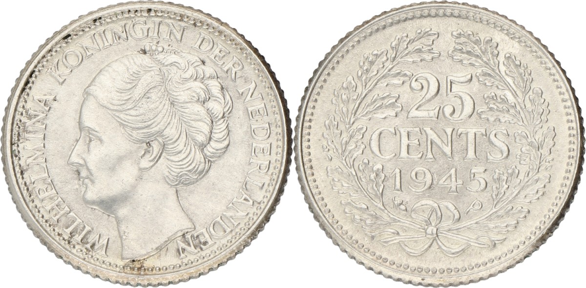 25 Cent. Wilhelmina. 1945 P. XF.