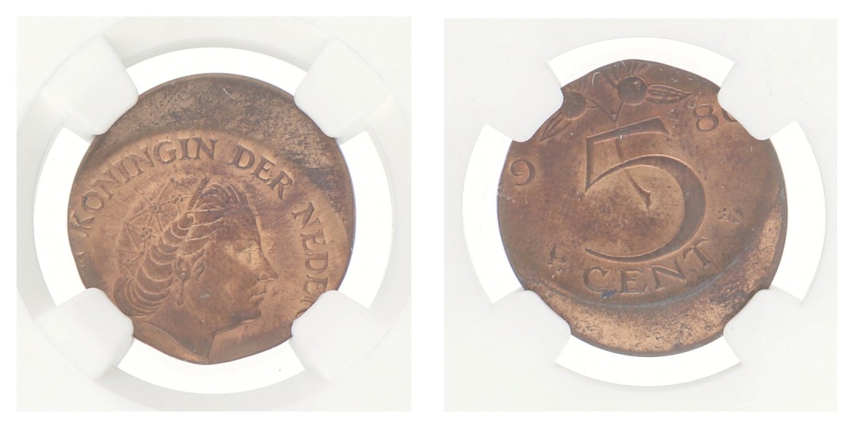5 Cent. Juliana. mint error-struck 20% off center. 1980. MS 64 Rb.