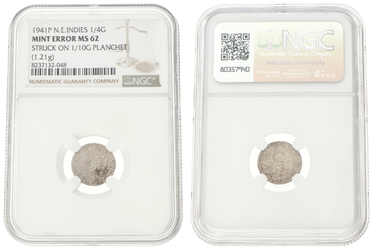 Goudwisselkantoor auction: 1/4 Gulden. Nederlands-Indië. Wilhelmina. Struck on 1/10G Planchet. 1941 P. MS 62